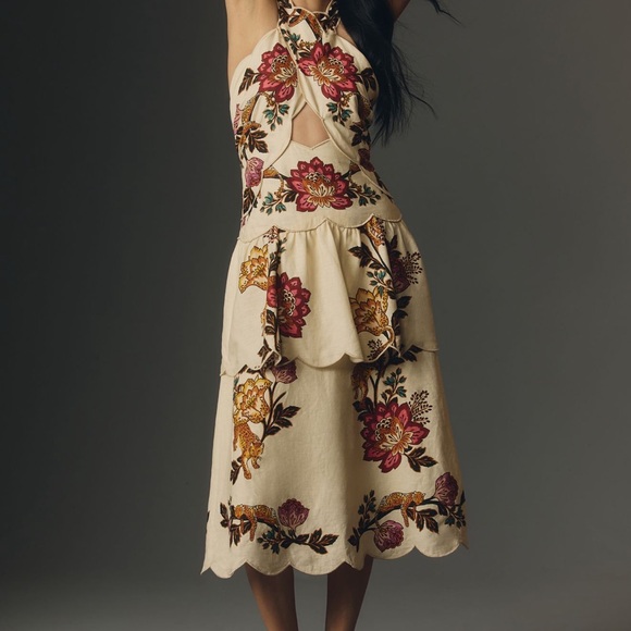 FARM Rio Sand Leopard Flowers Tiered Halter Cutout Midi Dress- XL -New with tags - Picture 3 of 6